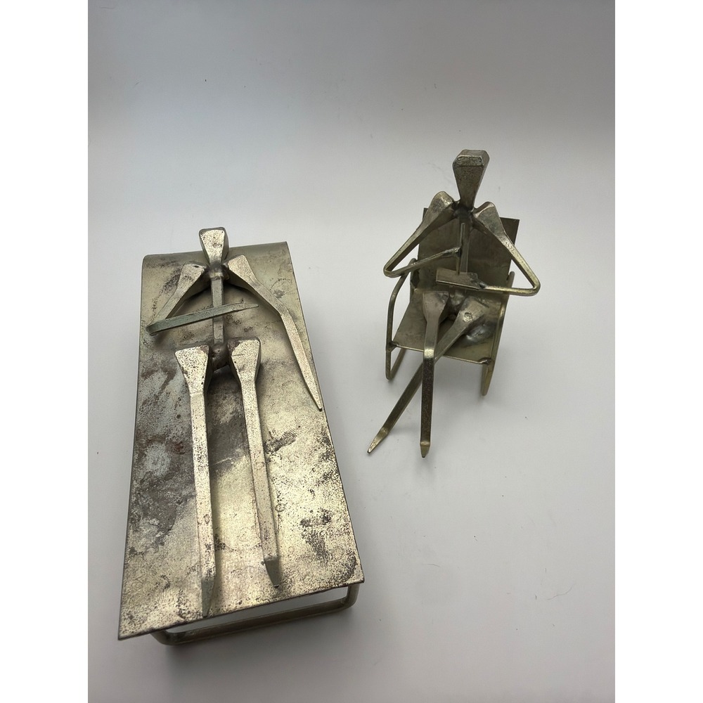 Vintage Brutalist Metal Nail Art Sculptures Spain Set of 2 MCM Figures Seated